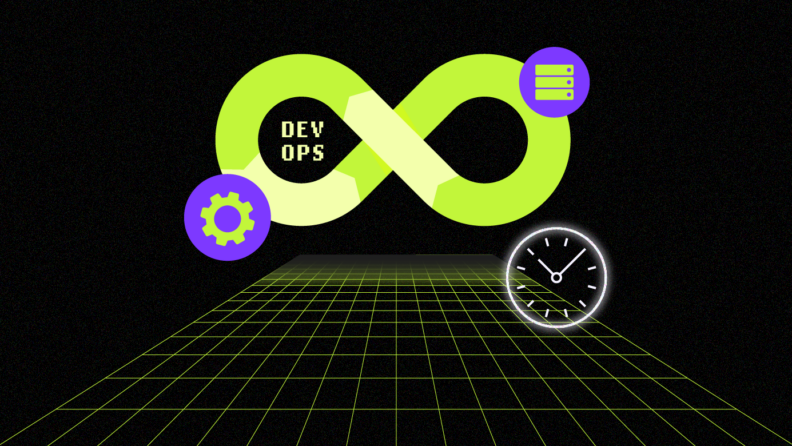 A clock and the infinite symbol on a black background, representing the concept of timelessness. devops culture featured image